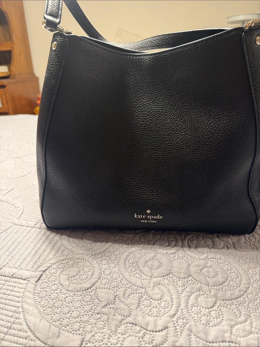 kate spade Black Pebbled Leather Shoulder Satchel Bag with Gold Logo